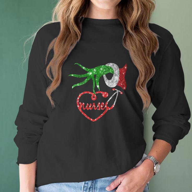 Nurse Grinch Hand Holding Stethoscope Christmas Women Long Sleeve Tshirt