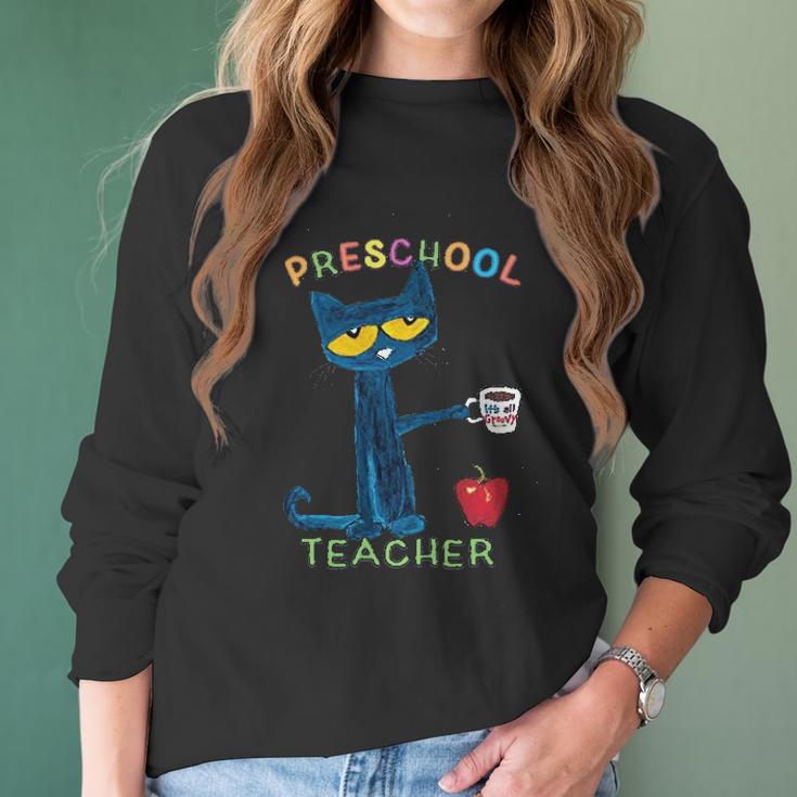 Pete The Cat With Coffee Preschool Women Long Sleeve Tshirt