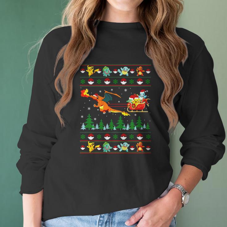 Pokemon And Dinosaur Santa Hat Christmas Women Long Sleeve Tshirt