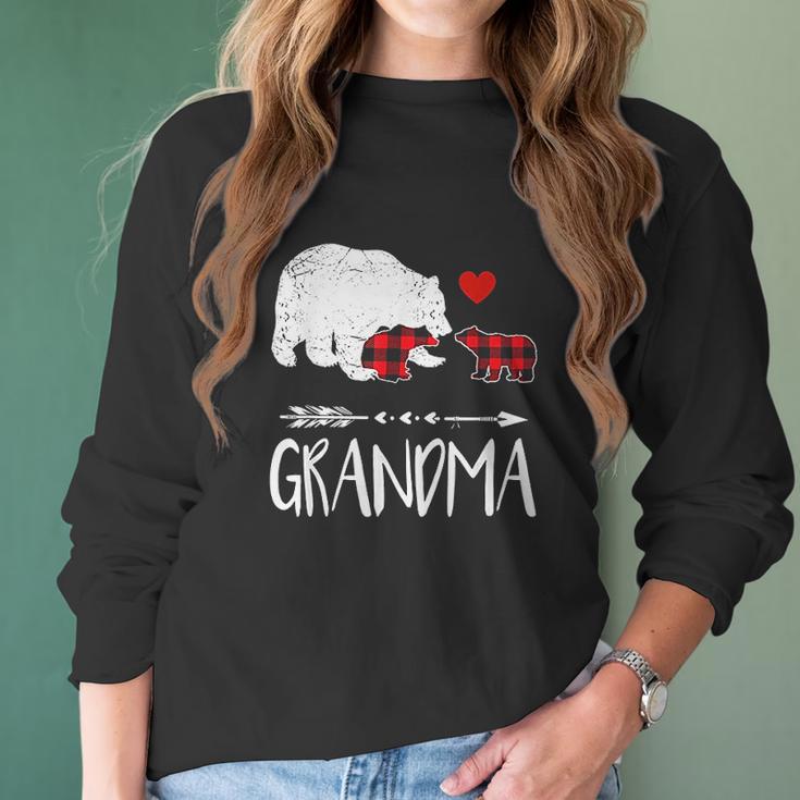 Red Plaid Grandma Bear Two Cubs Matching Buffalo Pajama Xmas Women Long Sleeve Tshirt