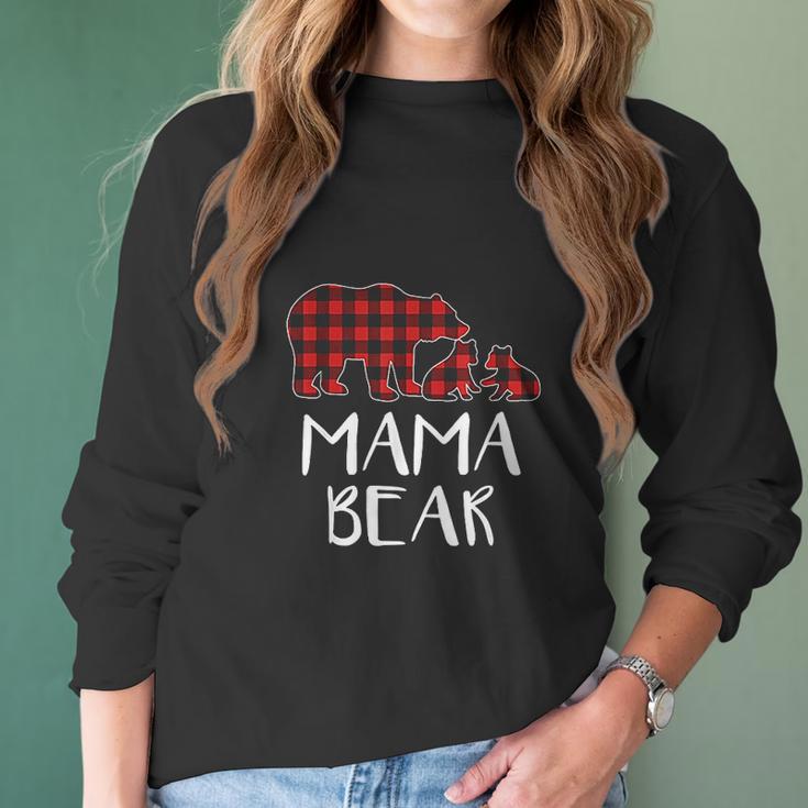 Red Plaid Mama Bear Two Cubs Matching Buffalo Pajama Xmas Women Long Sleeve Tshirt