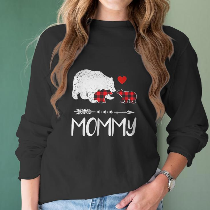 Red Plaid Mommy Bear Two Cubs Matching Buffalo Xmas Women Long Sleeve Tshirt