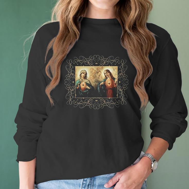 Sacred Heart And Immaculate Heart Picture Jesus And Mary Women Long Sleeve Tshirt