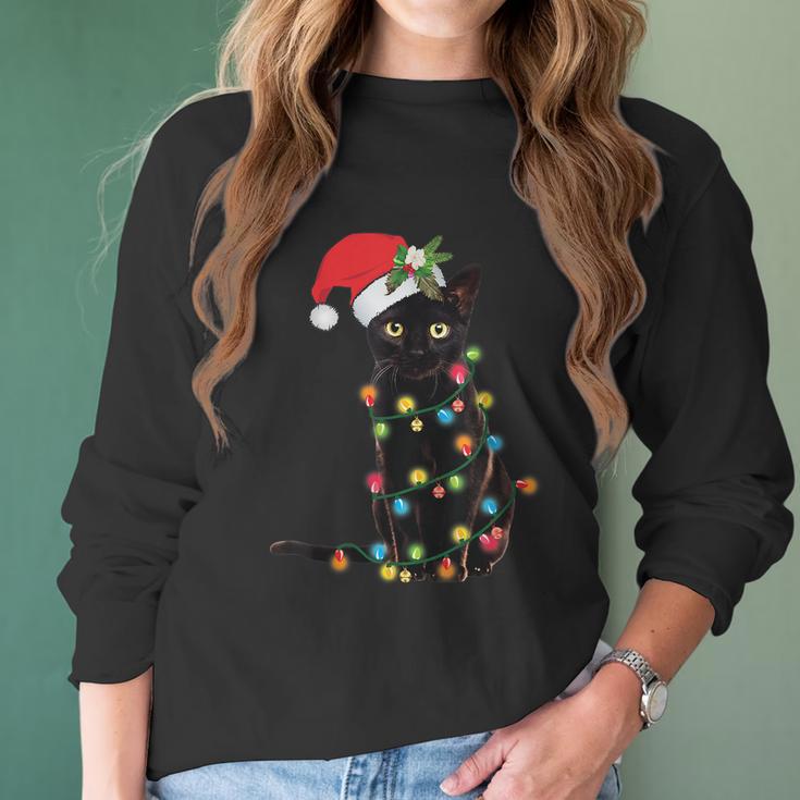 Santa Black Cat Tangled Up In Christmas Tree Lights Holiday Tshirt Women Long Sleeve Tshirt