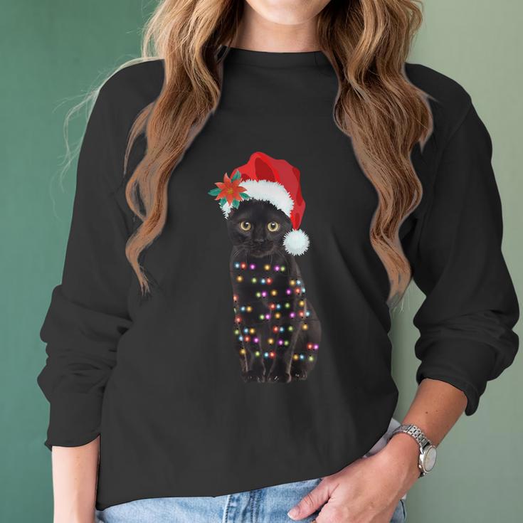 Santa Black Cat Tangled Up In Lights Christmas Santa Women Long Sleeve Tshirt