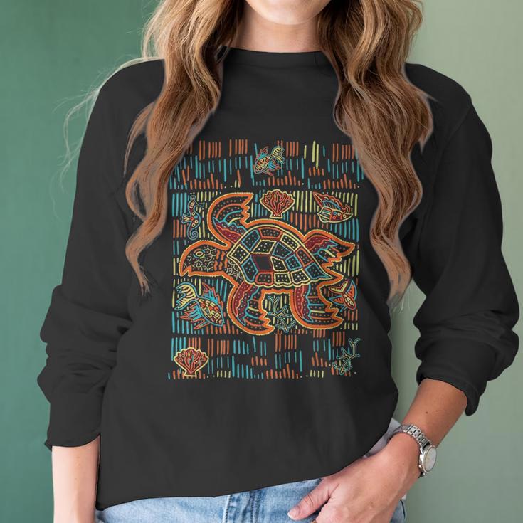 Sea Turtle Inspired By Mola Artwork Of Panama Kuna Women Long Sleeve Tshirt