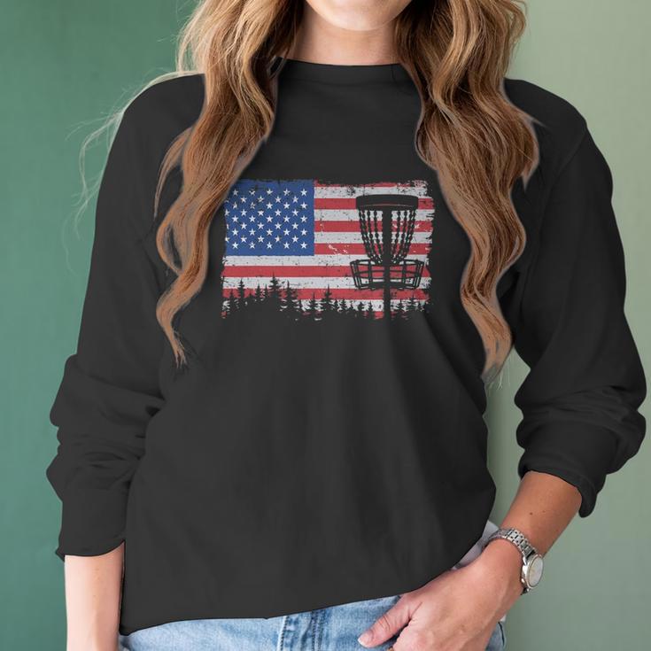 Us American Flag Disc Golf Basket Frisbee Vintage Disc Golf Women Long Sleeve Tshirt