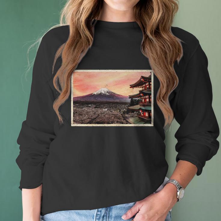 Vintage Japanese Mt Fuji Pagoda And Cherry Blossoms Women Long Sleeve Tshirt