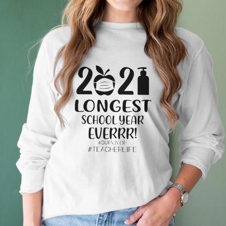 2021 Longest School Year Everrr Survivor Teacher Life Hashtag Apple Wearing Face Mask Hand Sanitizer Women Long Sleeve Tshirt