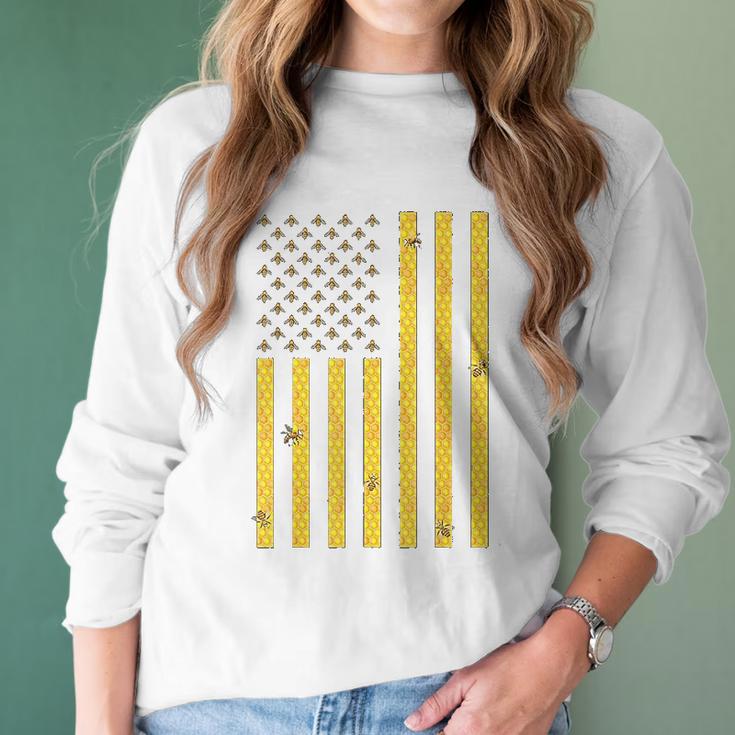 American Flag Honeycomb Honey Bee Women Long Sleeve Tshirt