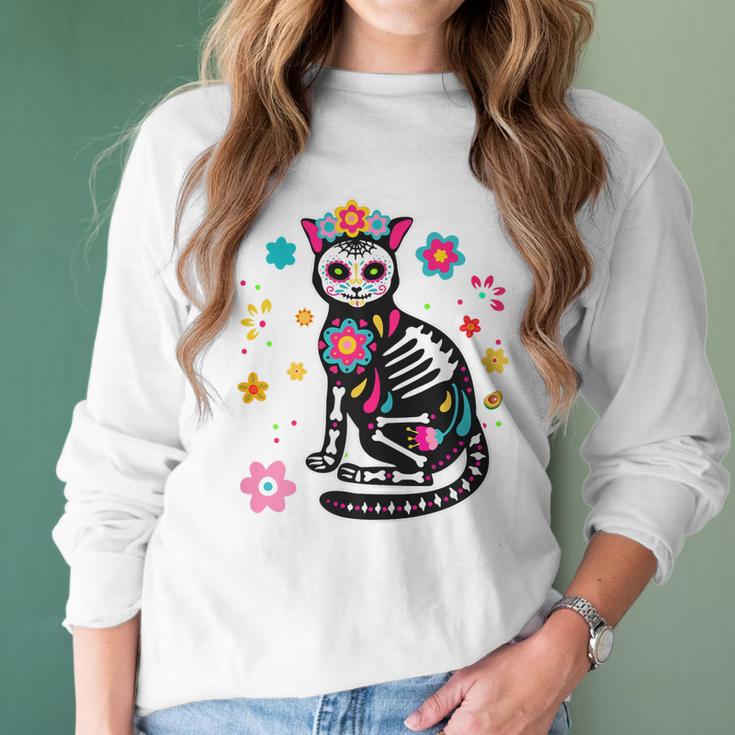 Womens Black Cat Sugar Skull Day Of Dead Mexican Dia De Los Muertos Women Long Sleeve Tshirt