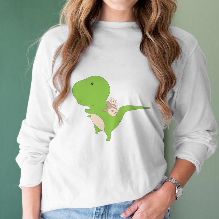 Dinosaur Piggy Backing Sloth Kitty Cat Funny Trex Women Long Sleeve Tshirt