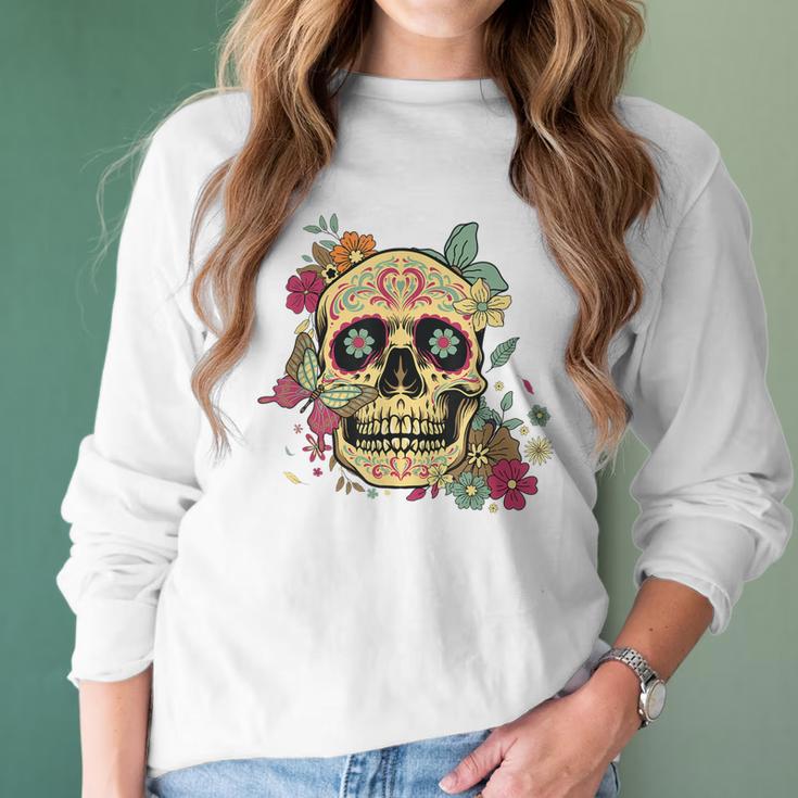 Floral Sugar Skull Dia De Los Muertos Dead Women Girl Women Long Sleeve Tshirt