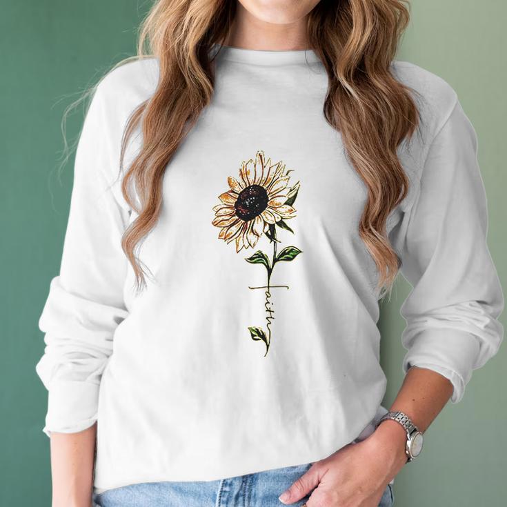 Foulian Sunflower Faith Cross Faith Christian Women Long Sleeve Tshirt