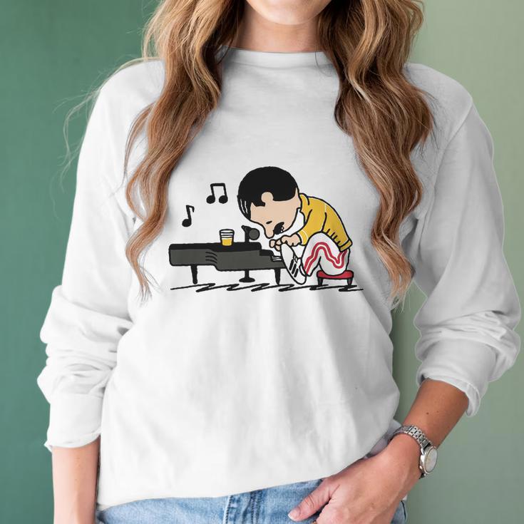 Freddie Mercury Peanuts Playing Piano And Dinking Wine Shirt Women Long Sleeve Tshirt