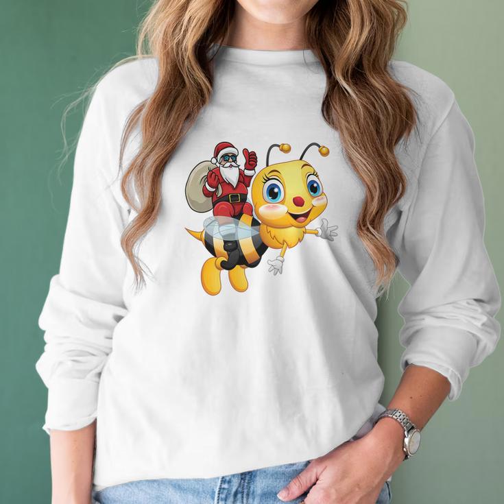 Funny Bee Christmas Santa Riding On Honey Bee Women Long Sleeve Tshirt