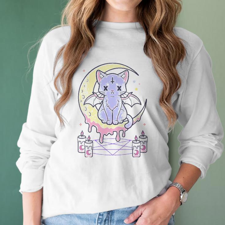 Womens Kawaii Pastel Goth Cute Creepy Black Cat V-Neck Women Long Sleeve Tshirt