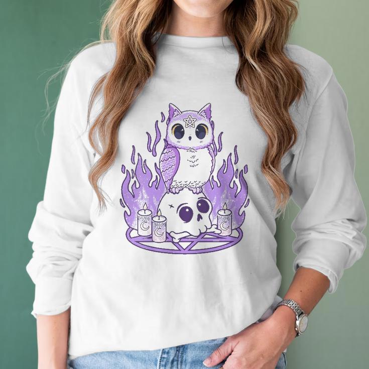 Womens Kawaii Pastel Goth I Cute Creepy Witchy Owl And Skull Women Long Sleeve Tshirt