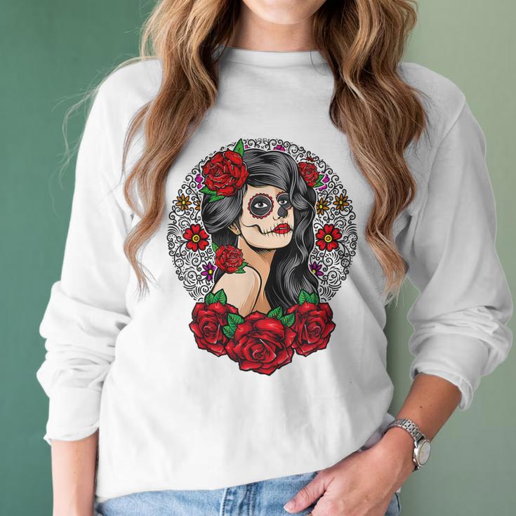 Sugar Skull Day Of The Dead Dia De Los Muertos Flowers Women Long Sleeve Tshirt