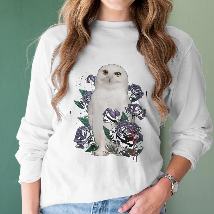 A White Owl And Purple Roses Women Long Sleeve Tshirt