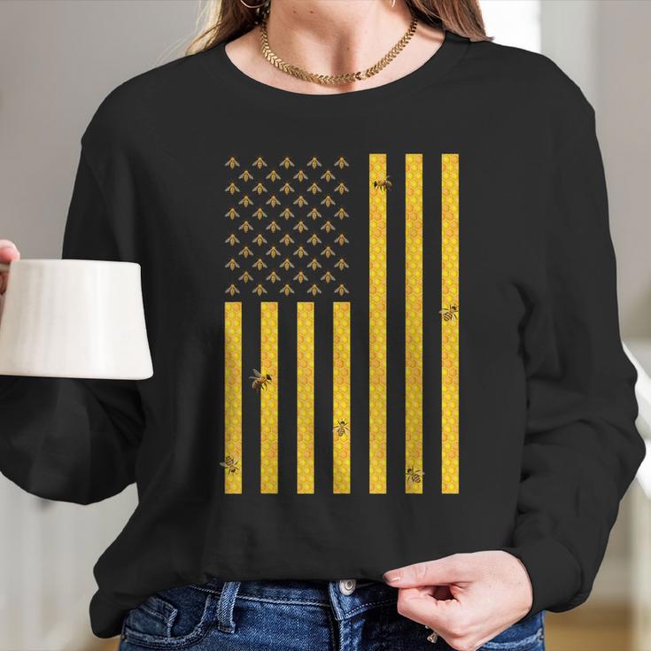 American Flag Honeycomb Honey Bee Beekeeping Beekeeper Women Long Sleeve Tshirt