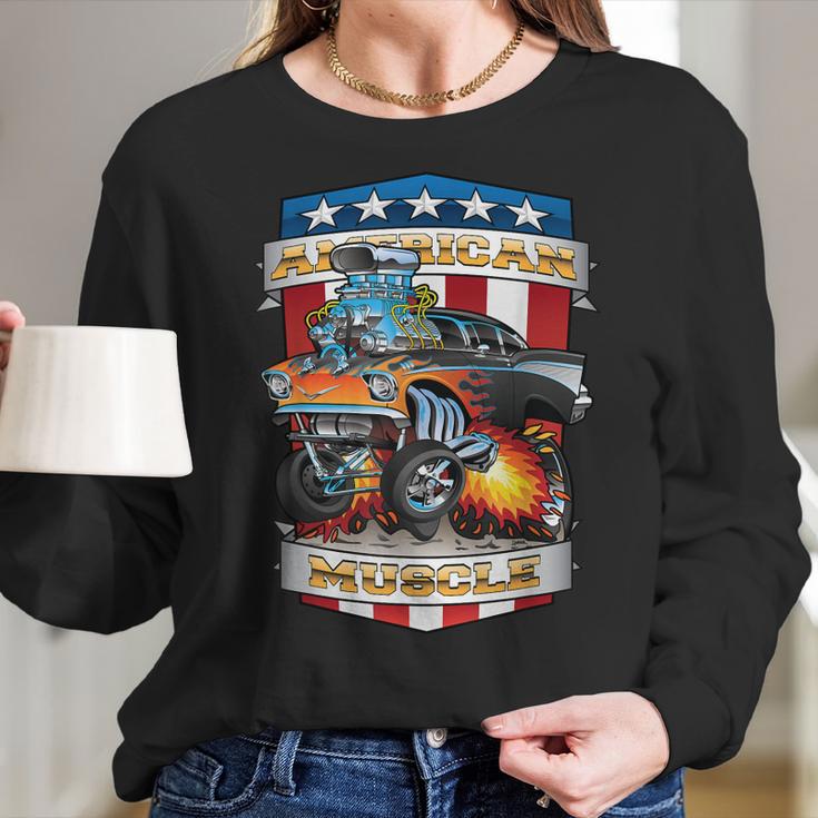 American Pride Classic Fifties Muscle Car Hot Rod Cartoon Women Long Sleeve Tshirt