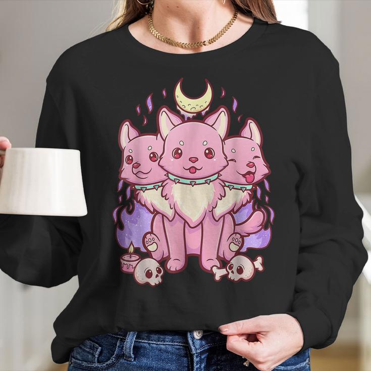 Anime Kawaii Pastel Goth Cute Creepy 3 Headed Dog Men Women T-Shirt Graphic Print Casual Unisex Tee Women Long Sleeve Tshirt