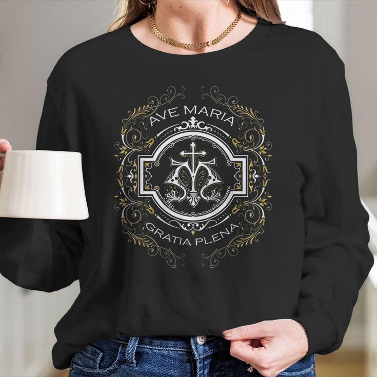 Ave Maria Schubert Latin Mass Blessed Mother Mary Hail Gift Women Long Sleeve Tshirt