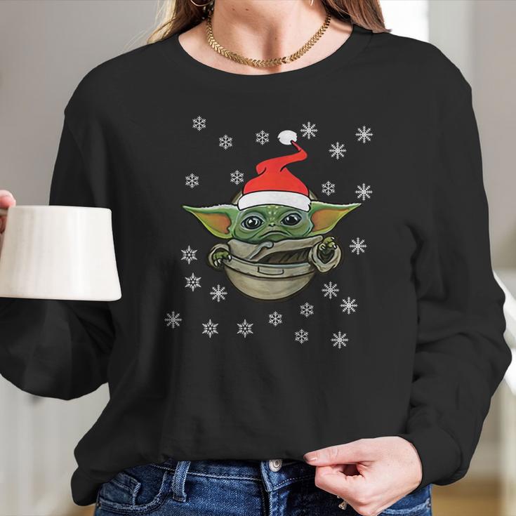 Baby Yoda Snow Merry Christmas The Mandalorian Shirt Women Long Sleeve Tshirt