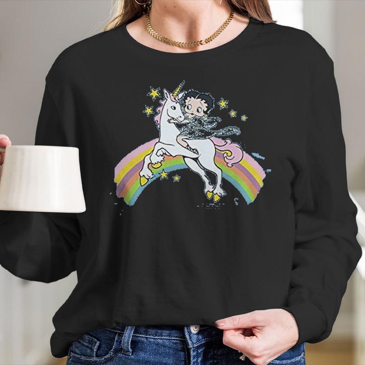 Betty Boop Cartoon Unicorn And Rainbows Women Long Sleeve Tshirt