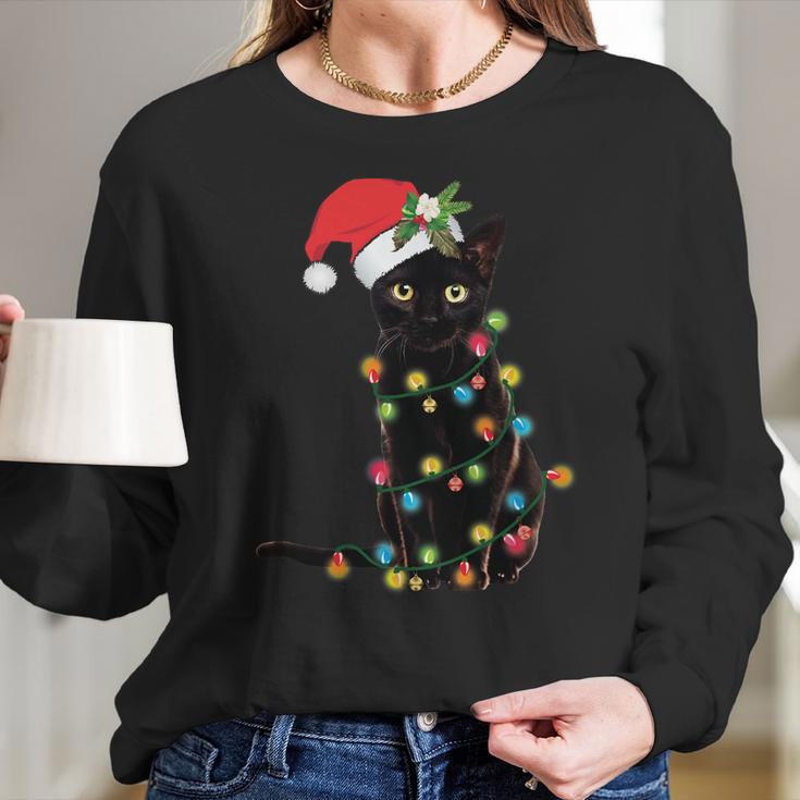 Black Santa Cat Tangled Up In Lights Christmas Santa Women Long Sleeve Tshirt