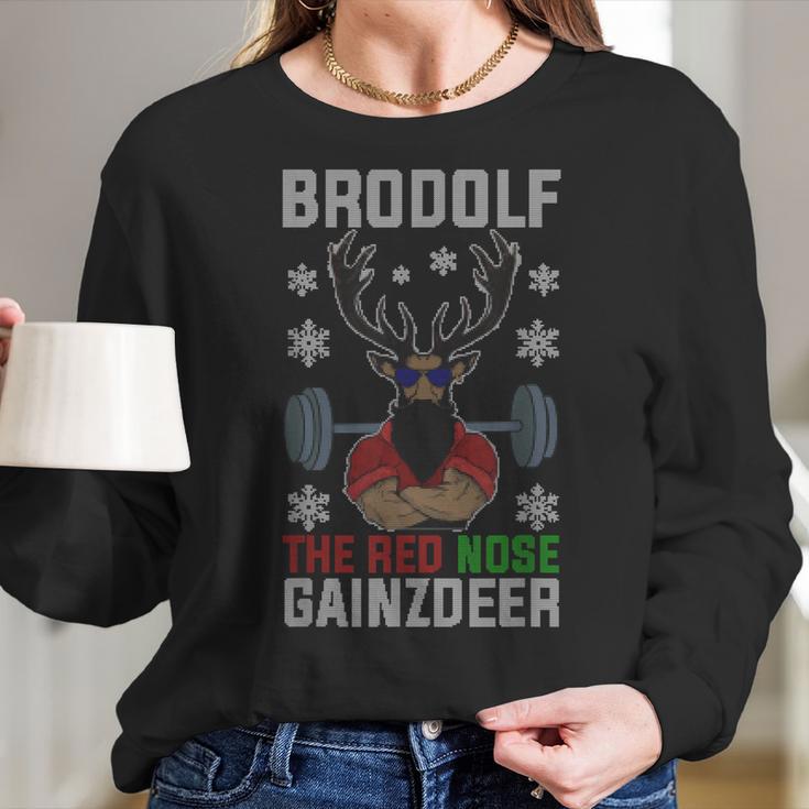 Brodolf The Red Nose Gainzdeer Gym Ugly Christmas Women Long Sleeve Tshirt