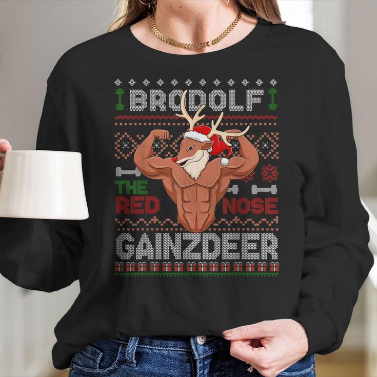 Brodolf The Red Nose Gainzdeer Gym Ugly Christmas Sweater Women Long Sleeve Tshirt