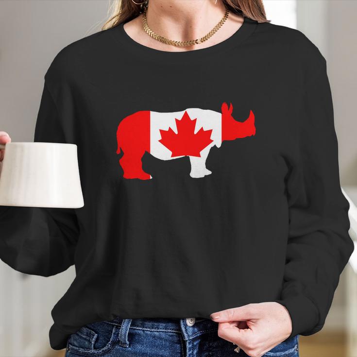 Canada Flag - Rhinoceros - Womens T-Shirt By American Apparel Women Long Sleeve Tshirt