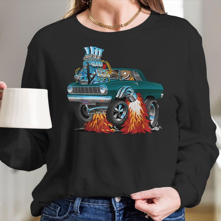 Classic Sixties Muscle Car Funny Dragster Hot Rod Cartoon V4 Women Long Sleeve Tshirt