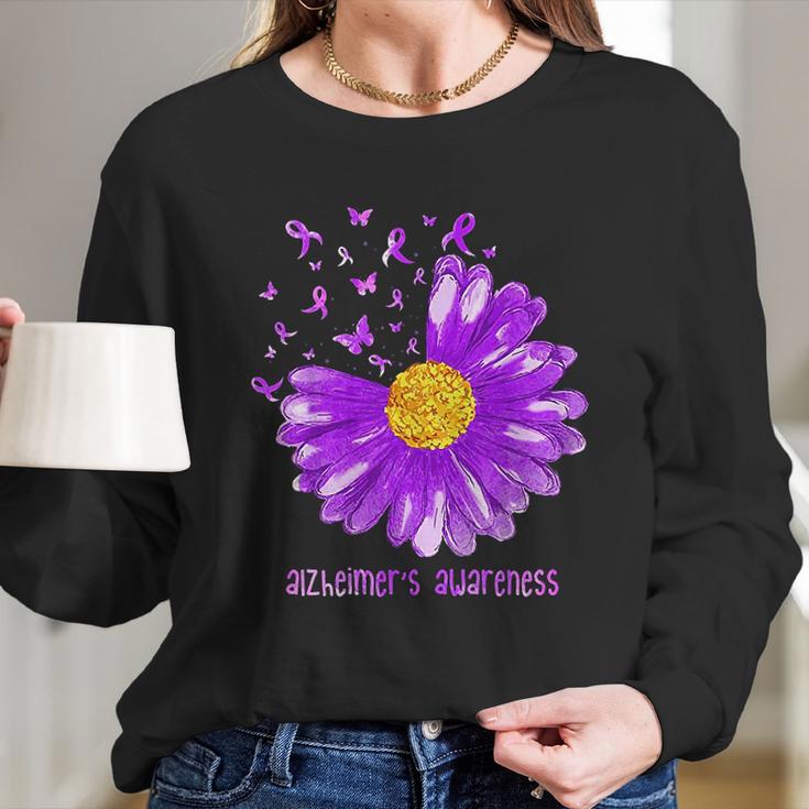 Daisy Butterfly Purple Ribbon Alzheimer Awareness Women Long Sleeve Tshirt