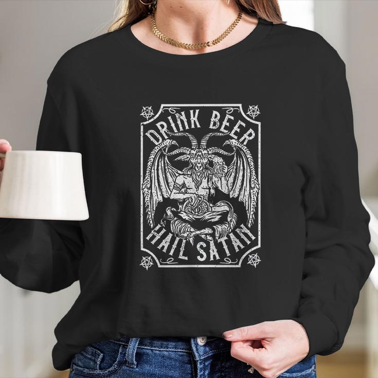 Drink Beer Hail Satan I Satanic Baphomet I Pentagram Occult Women Long Sleeve Tshirt