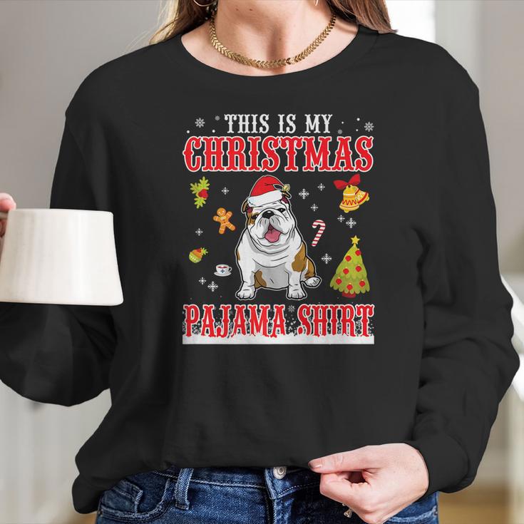 English Bulldog Snow Gilf This Is My Christmas Pajama Shirt Women Long Sleeve Tshirt