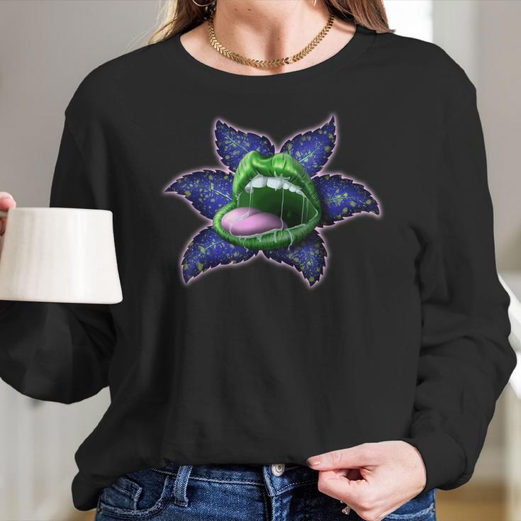 Flower Lip Green Blue Cannabis Marijuana Weed Pot Leaf Lover Women Long Sleeve Tshirt