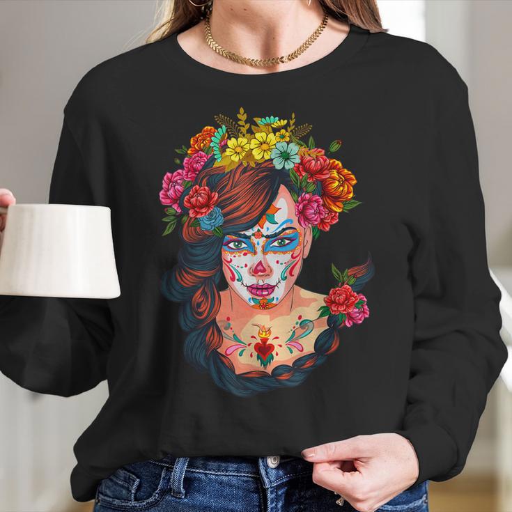 Flowers Sugar Skull Day Of The Dead Dia De Muertos Womens Women Long Sleeve Tshirt