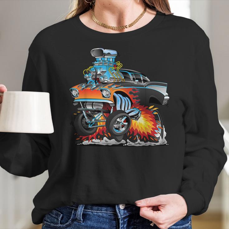 Funny Classic Hot Rod Fifties Drag Racing Muscle Car Cartoon Women Long Sleeve Tshirt