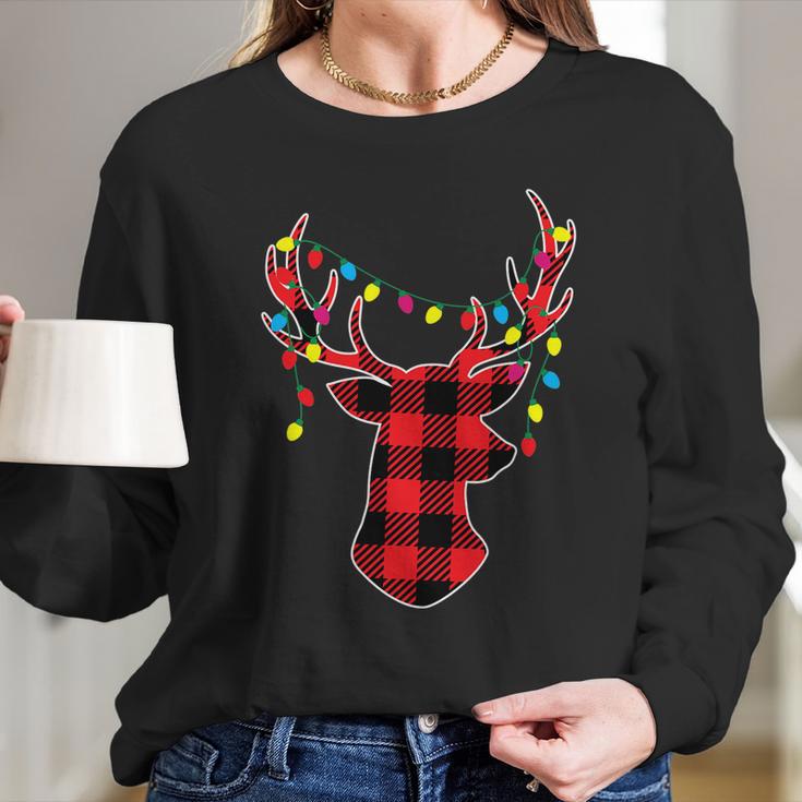 Funny Classic Red & Black Christmas Buffalo Plaid Deer Women Long Sleeve Tshirt