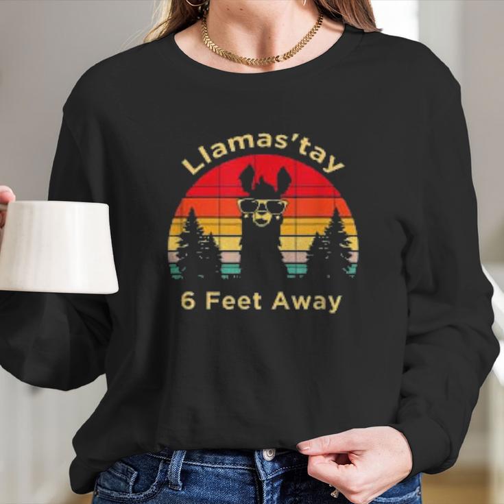 Funny Social Distancing Llama Retro Yoga Gift Women Long Sleeve Tshirt