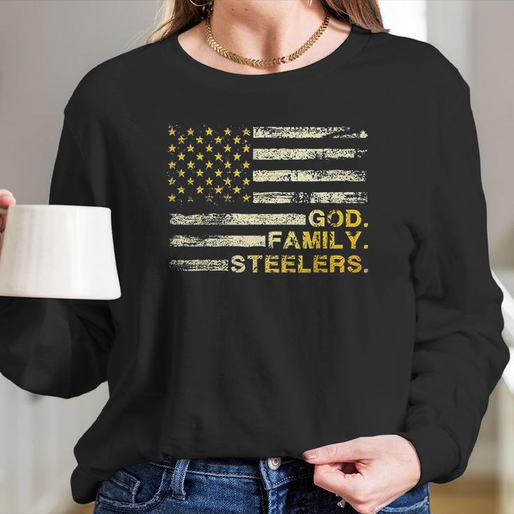 God Family Steelers Us Vintage Flag Team Dad Mam Day Gifts Women Long Sleeve Tshirt