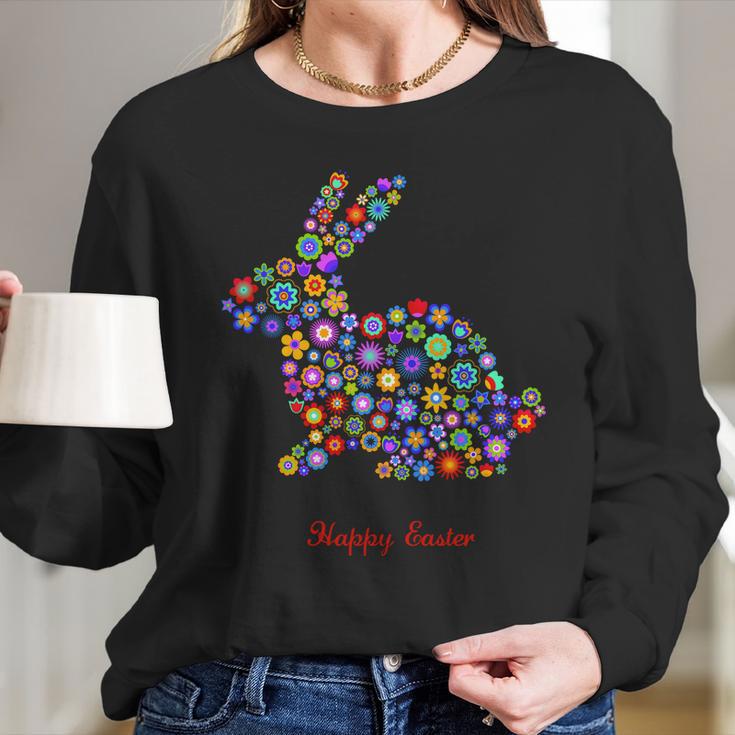 Happy Easter Bunny Rabbit Flowers Logo Women Long Sleeve Tshirt