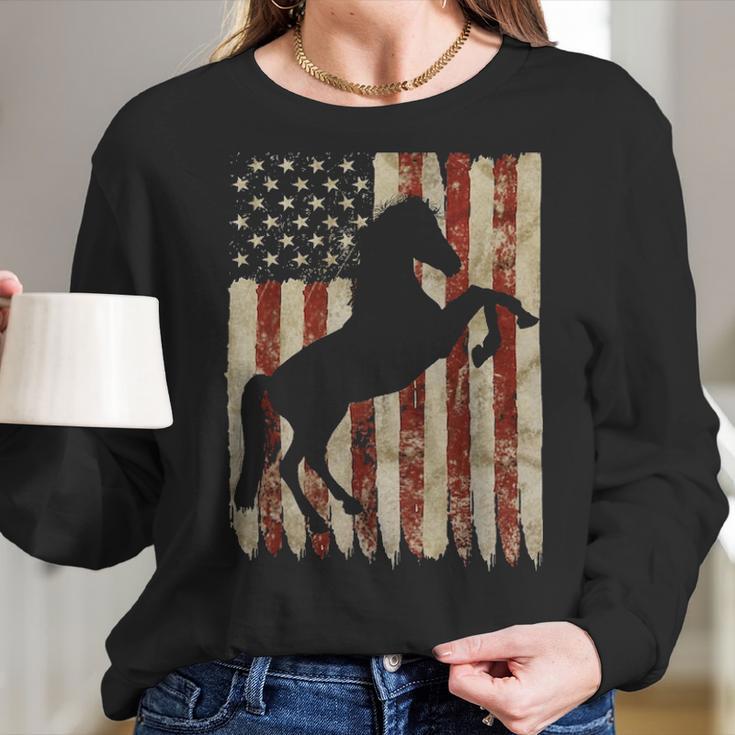 Horse American Flag Usa Patriotic Stallion Gift Women Long Sleeve Tshirt