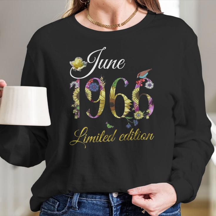 Womens June 1966 - 55 Years Old Sunflowers Floral 55Th Birthday Gift V-Neck Women Long Sleeve Tshirt