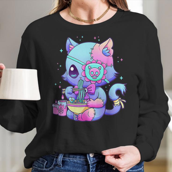 Kawaii Creepy Cat Eating Ramen Noodles Pastel Goth Aesthetic Men Women T-Shirt Graphic Print Casual Unisex Tee Women Long Sleeve Tshirt