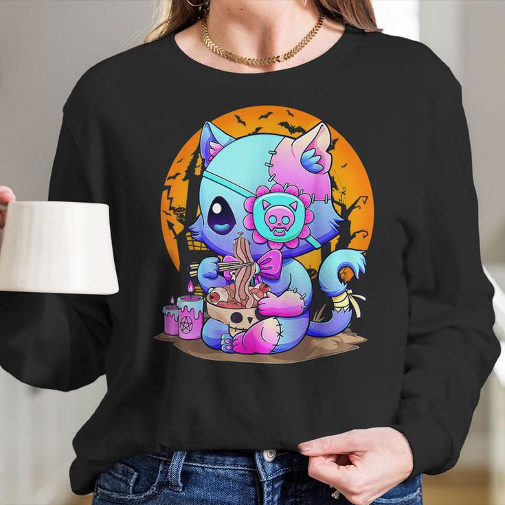 Kawaii Creepy Cat Eating Ramen Noodles Pastel Goth Halloween Men Women T-Shirt Graphic Print Casual Unisex Tee Women Long Sleeve Tshirt