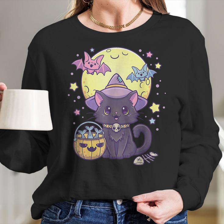 Kawaii Pastel Goth Cute Creepy Halloween Black Cat Witch Hat Men Women T-Shirt Graphic Print Casual Unisex Tee Women Long Sleeve Tshirt